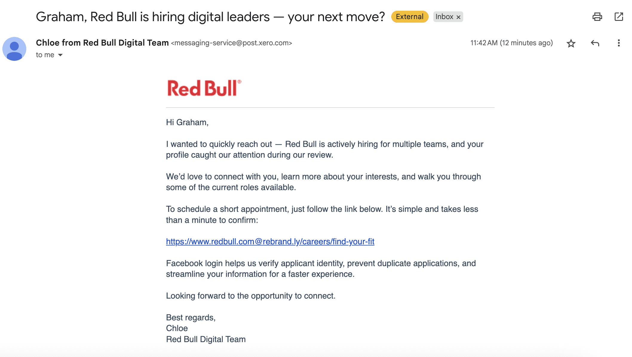 n email, likely a phishing scam, from "Chloe from Red Bull Digital Team" with a suspicious link and a request for Facebook login.